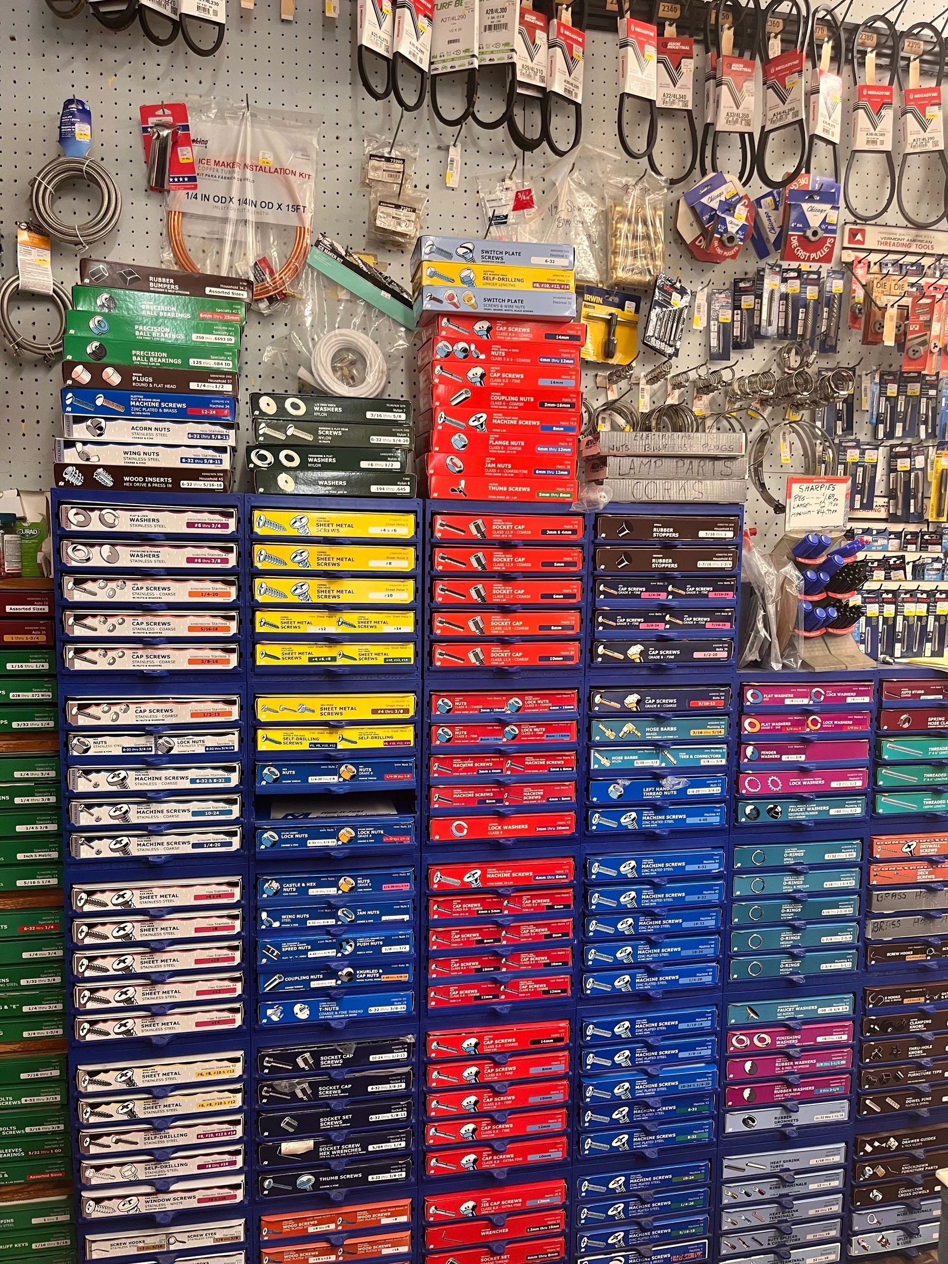Inside Beach's Hardware with stocked shelves and hardware supplies